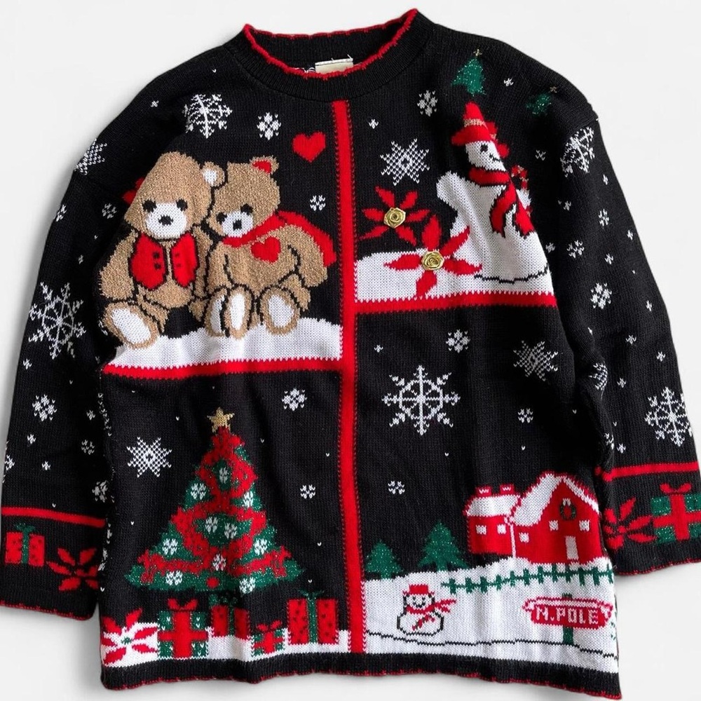 Vintage Classic Elements Cute & Kitschy Teddy Bear & Snowman Christmas Sweater